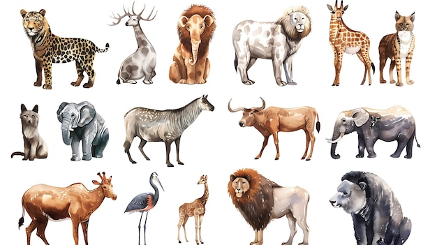 Photo a collection of watercolor illustrations of various african animals