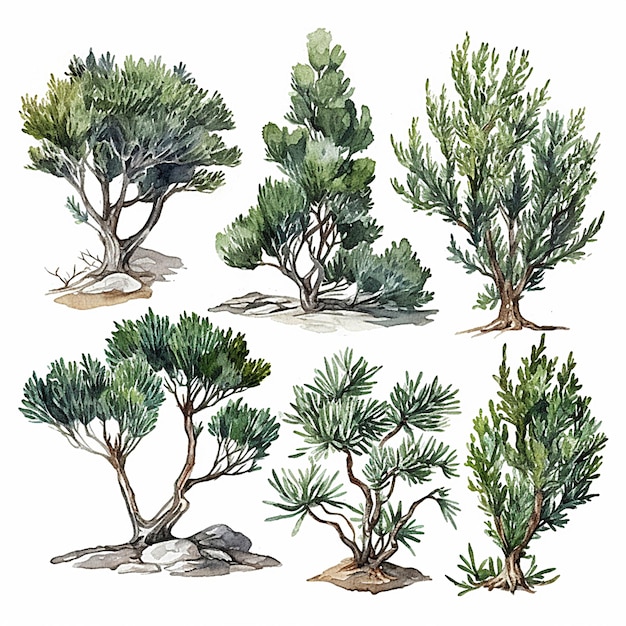 수채화 juniperus deppeana 식물 잎과 꽃의 컬렉션