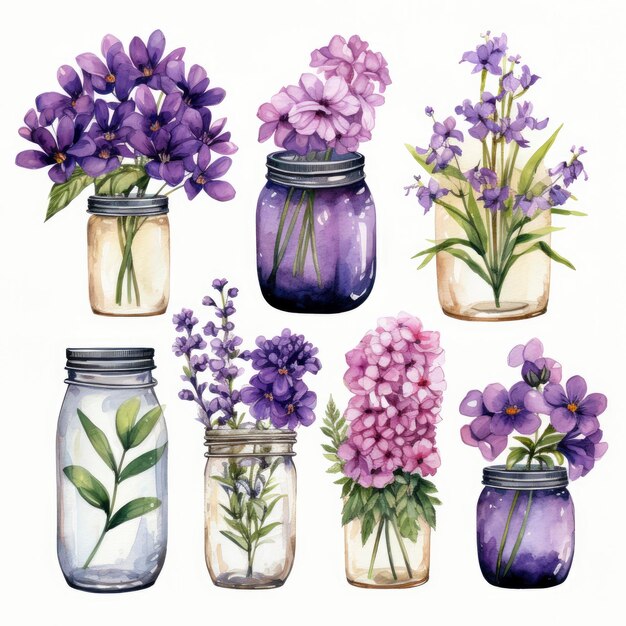 Collection of watercolor mason jars with purple flowers clipart
