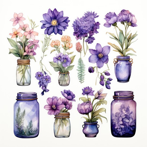 Collection of watercolor mason jars with purple flowers clipart