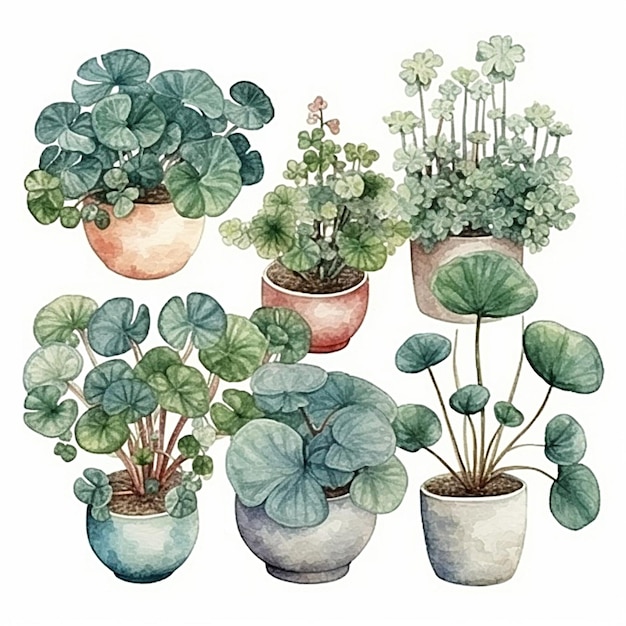 Collection of watercolor pilea cadierei care leaves and flowers