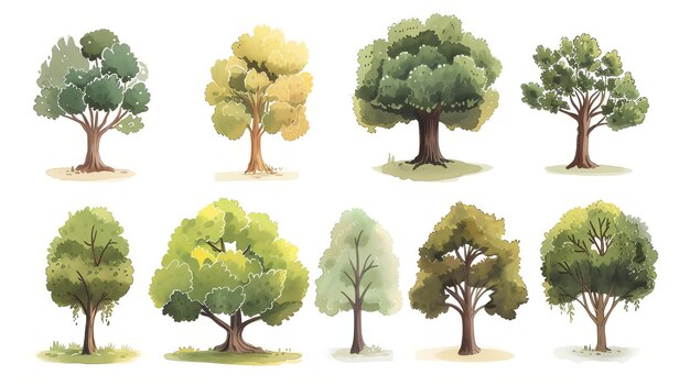 A collection of watercolor tree illustrations The trees are of various types and colors and are all drawn in a simple cartoon style