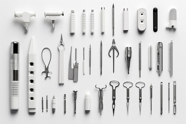 Коллекция белых медицинских инструментов, включая хирургический инструмент.