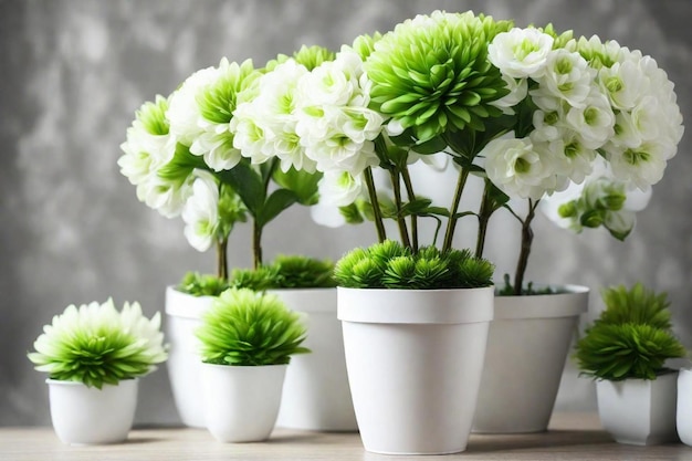 a collection of white pots with flowers in white pots