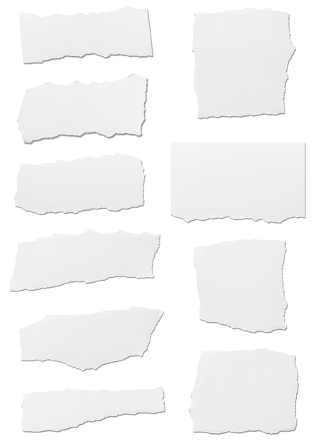 collection of white ripped pieces of paper on white background each one is shot separately