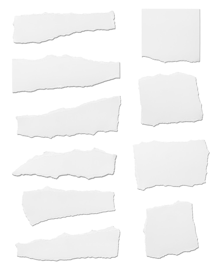 Photo collection of white ripped pieces of paper on white background each one is shot separately