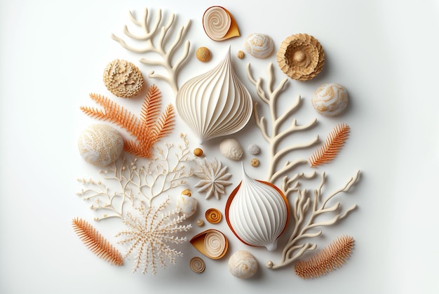 Collection of white sea shells and corals on white Generative AI