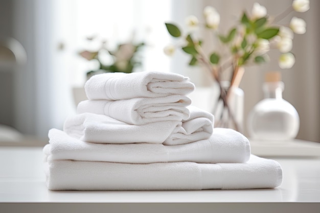 A collection of white towels neatly rolled and placed on a white table with empty space available fo