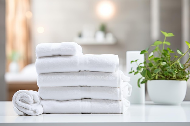 A collection of white towels neatly rolled and placed on a white table with empty space available fo