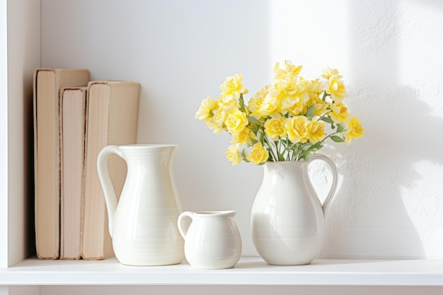 白い壁の前に黄色い花が咲いた白い花瓶のコレクション。