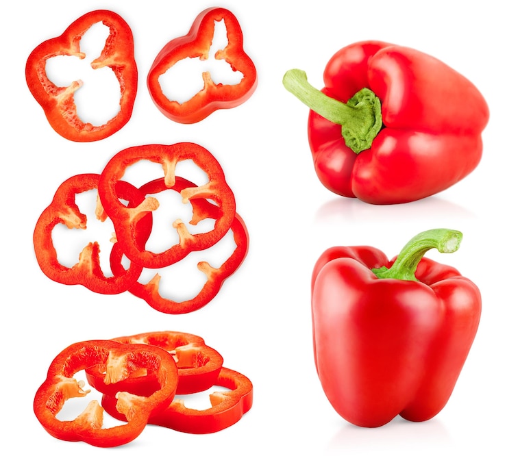 Photo collection of whole and sliced red bell pepper on white isolated background