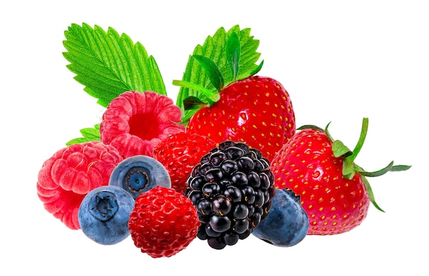 Collection of wild berries on a white background with clipping path.