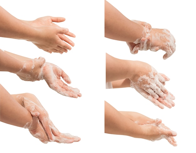 Photo collection of women hand washing isolated on white background. clipping path