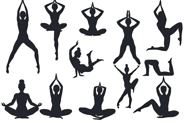 Photo collection of women yoga poses silhouettes on white background