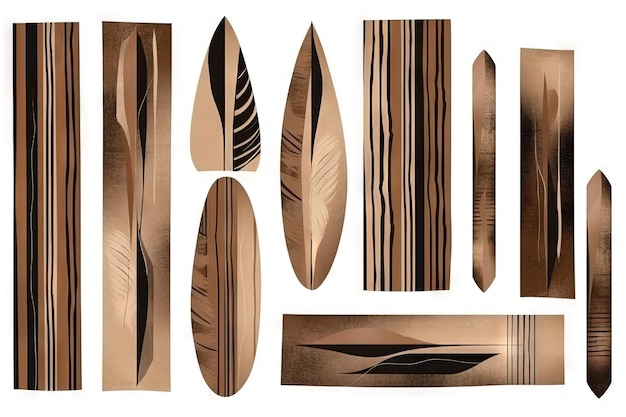 A collection of wood boards with different designs including one that says'surfboard '