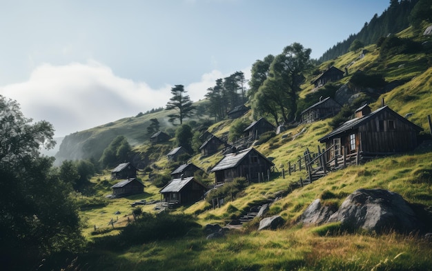 Photo a collection of wooden cabins nestled on a lush green hillside