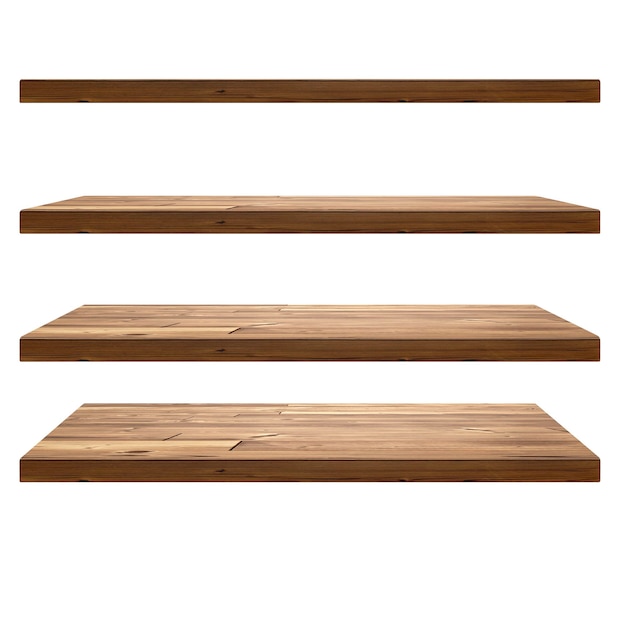 Photo collection of wooden shelves on white background