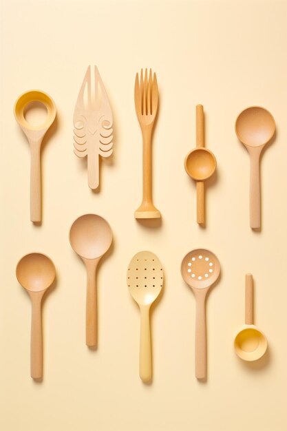 Photo collection of wooden utensils and spoons on table generative ai