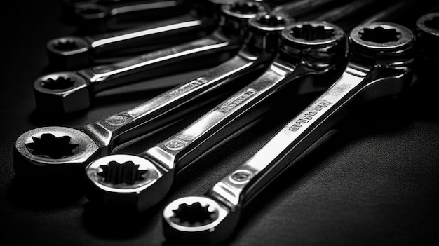 A collection of wrenches are on a table.