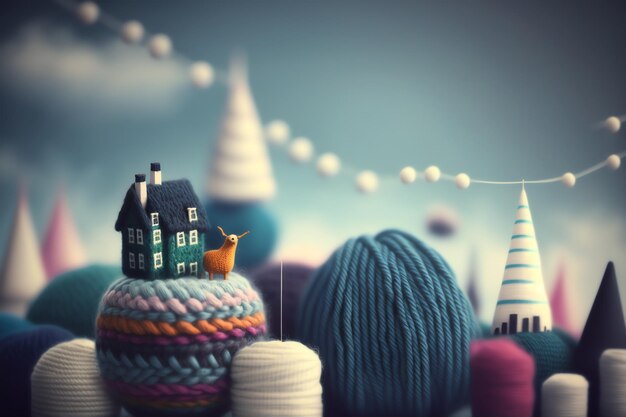 A collection of yarns and knitting needles with a house on top of it.