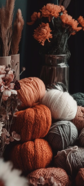 A collection of yarns and a vase of flowers