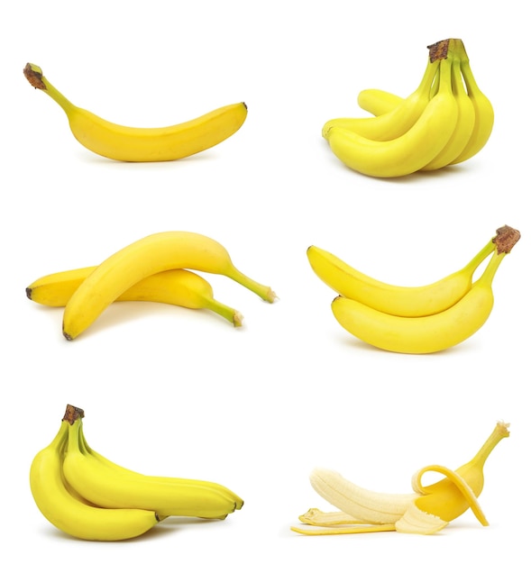 Collection of yellow bananas isolated on white background