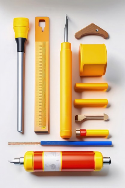 A collection of yellow construction tools including a ruler, a ruler, a ruler, and a ruler.