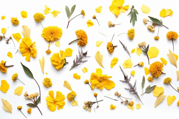 A collection of yellow flowers on a white background