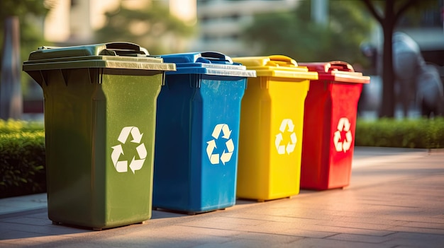 Collection of Yellow Green Blue and Red recycle bins with recycle symbol in public Generative Ai