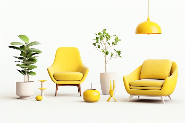 인테리어 디자인을 위해 색 배경에 고립된 소파 의자 플랜터 테이블 램프를 포함한 노란색 현대 가구 품목 컬렉션