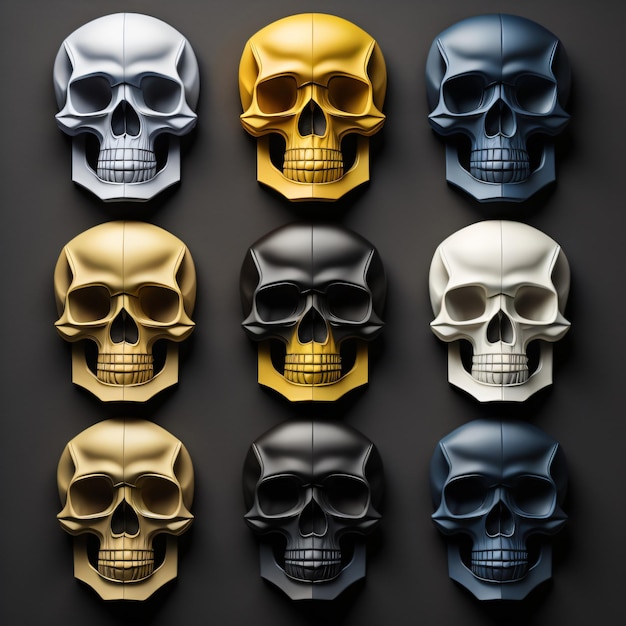 A collection of yellow skulls with a black background with a white and yellow skull.
