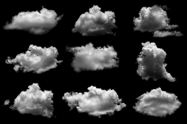 Photo collections of separate white clouds on a black background have real clouds