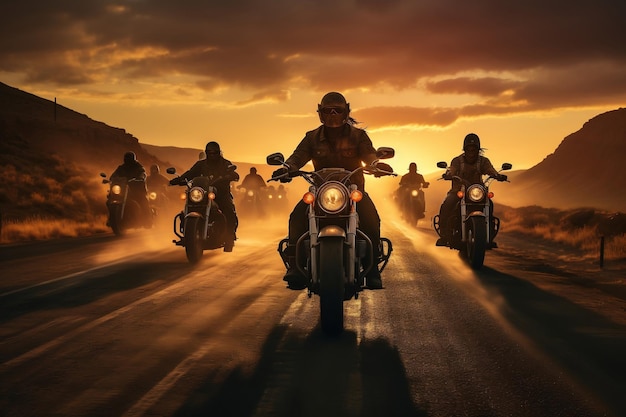 Collective of Motorcyclists Cruising Together During Sunset AI