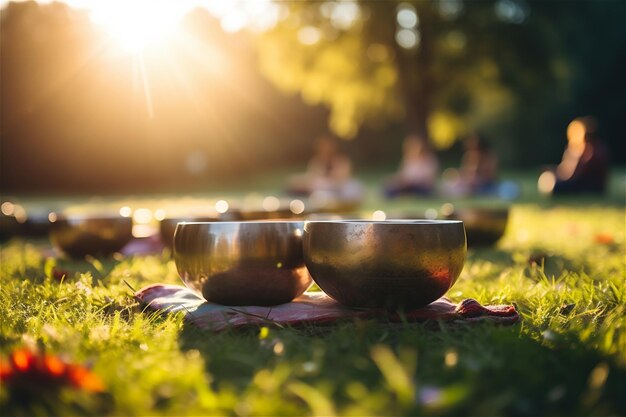 Collective practice with Tibetan singing bowls on meadow on sunset blur background