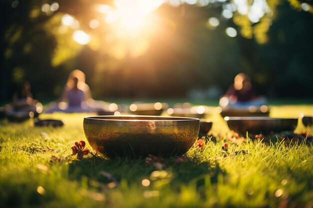 Collective practice with tibetan singing bowls on meadow on sunset blur background