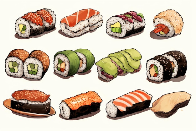 Collecton of handrawn sushi doodles