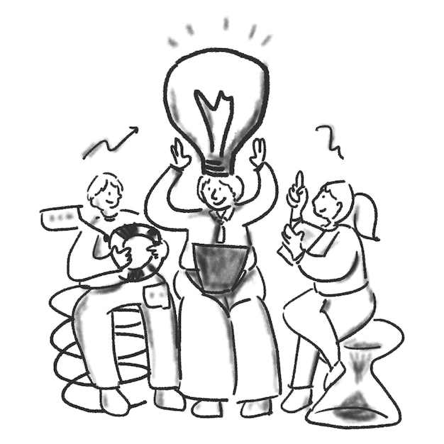 Collega's brainstorming ideeën png teamwerk personages doodle transparante achtergrond