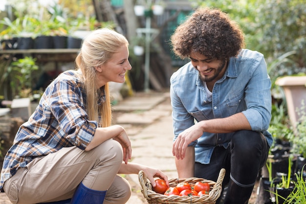 Collega's geknield door rieten mand