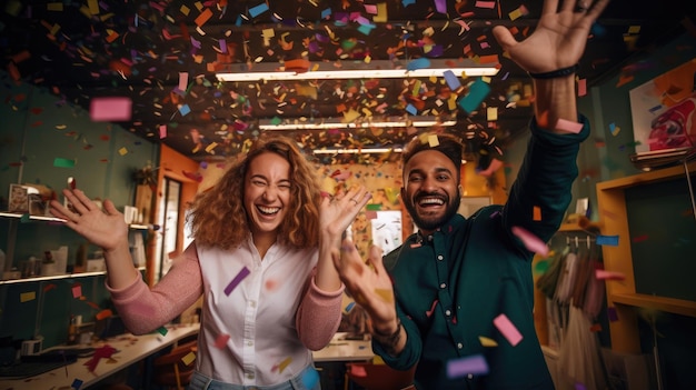 Collega's in levendige coworking-ruimte highfiving omringd door kleurrijke muurschilderingen confetti