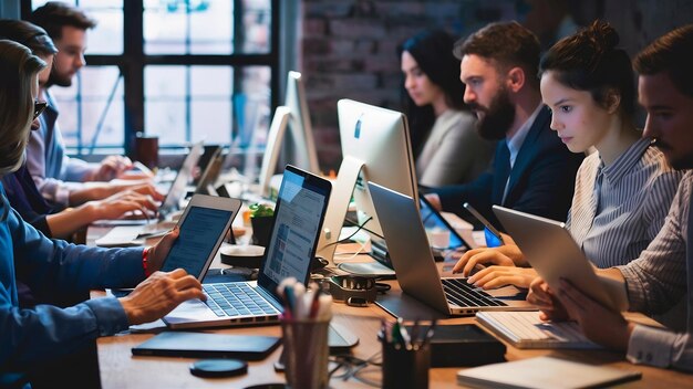 Collega's met apparaten aan het bureau