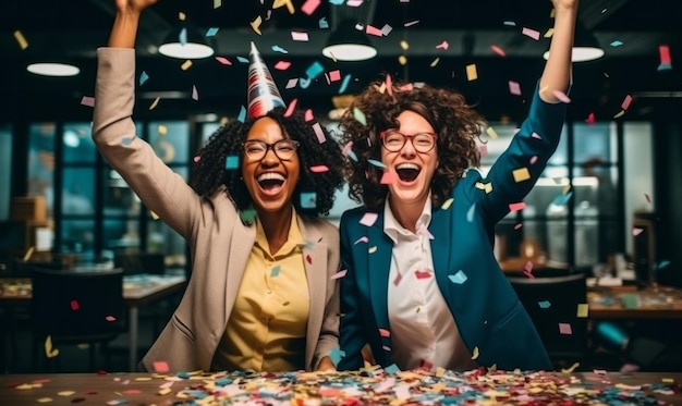 Collega's op kantoor en het zakelijke team vieren samen zakelijk succes en prestatie