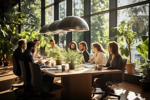 Collega's tijdens vergadering in directiekamer die samen aan tafel zitten en ideeën delen over projectstrategie Gegenereerd met AI