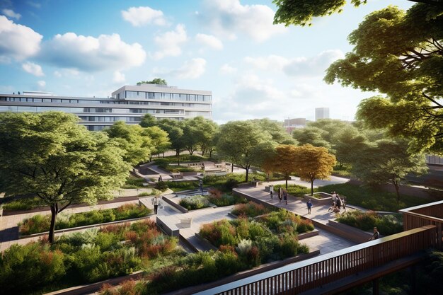 College campus rooftop garden providing a scenic Generative ai