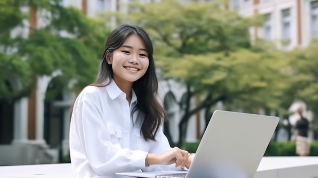 College cute asian student girl making report with laptop sitting at school building