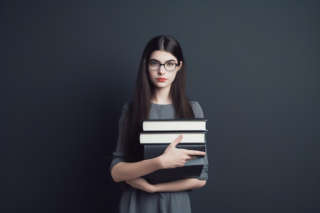 A college girl with a stack of books on a dark background