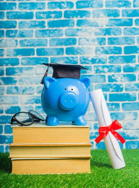 College graduate student diploma piggy bank