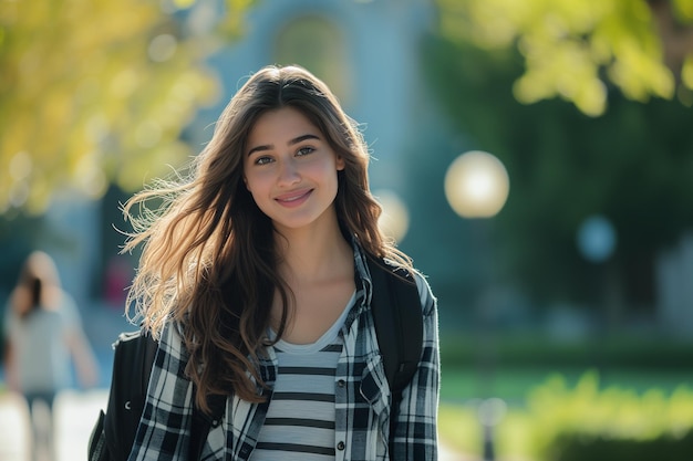 College meisje in een casual maar stijlvolle outfit met een rugzak over een schouder.