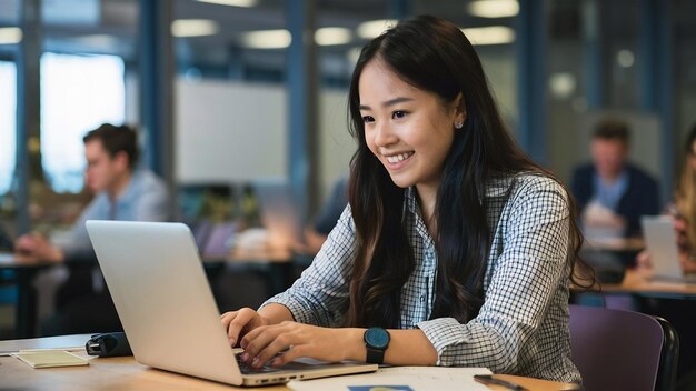 College meisje werkt met een laptop na de lessen