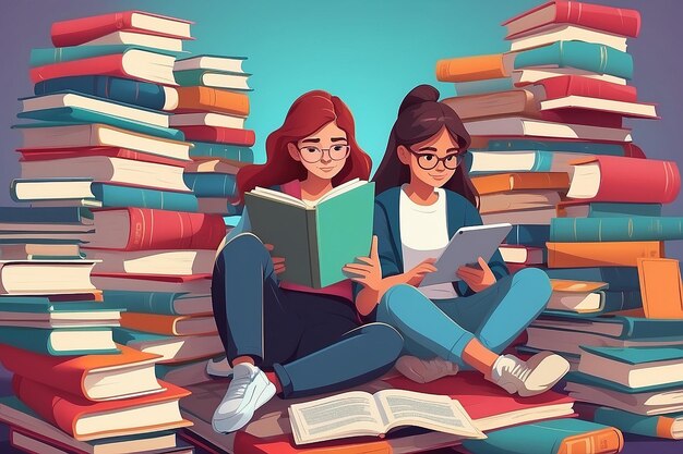 大学生と学校生の子ども男性と女性が紙とデジタル本を使って大きな本の山の上に座って読んでいます