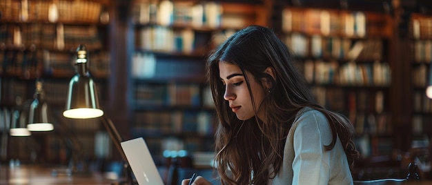 College student die online zaken en financiën studeert in een bibliotheek Vrouwelijke student die online studeert voor managementexamens